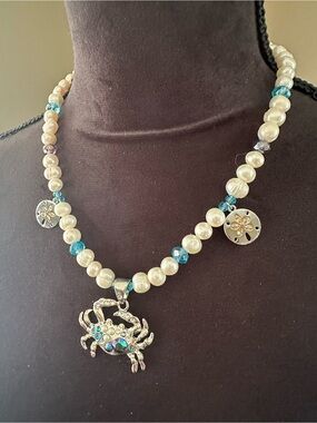 White Pearl Necklace with Swarovski Crystal Accents and Silver Crab Pendant